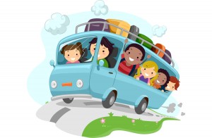 Illustration of Excited Kids Cheering While Riding a Bus